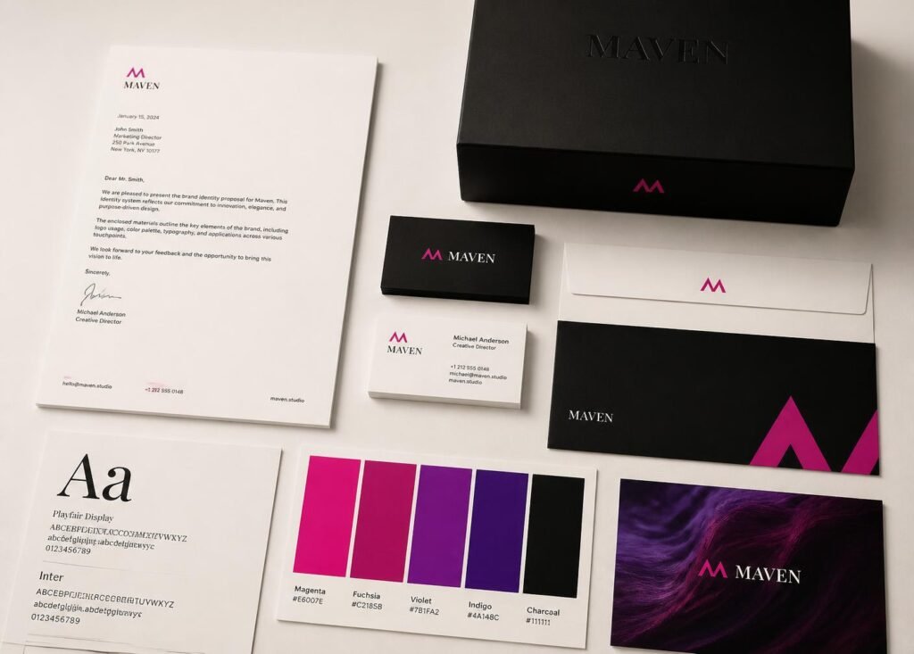 Branding e identidad visual con logotipo, tipografía, colores y aplicaciones de marca