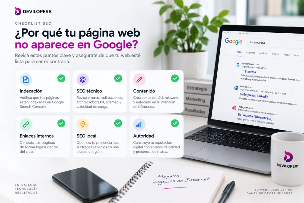 Checklist SEO para revisar por qué una página web no aparece en Google