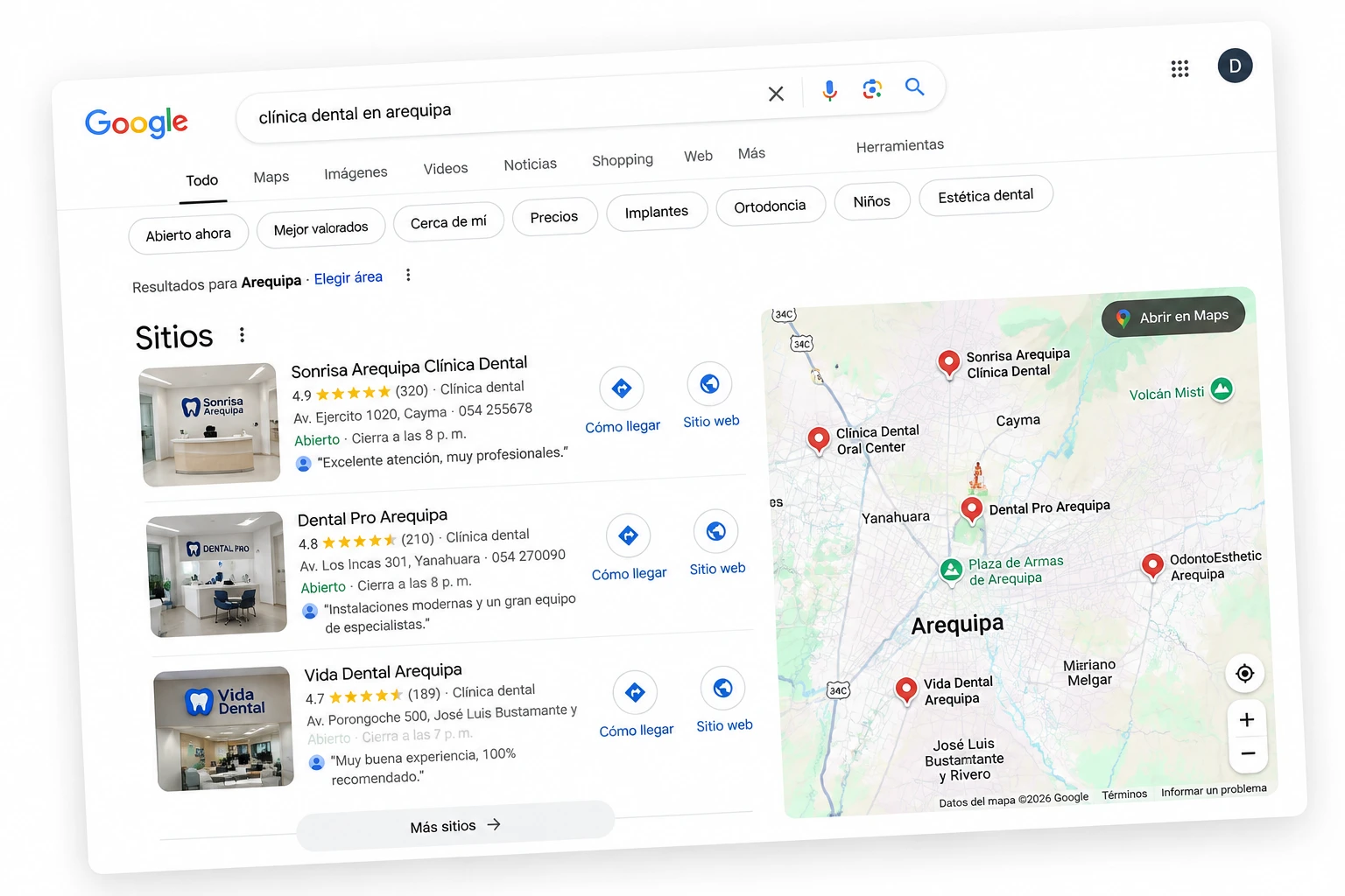 Resultados de SEO local en Google para negocios en Arequipa